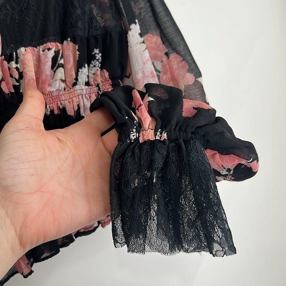 Free People Daphne Blouse in Black Pink Floral Lace Long Sleeve Top Size Small - Picture 7 of 13